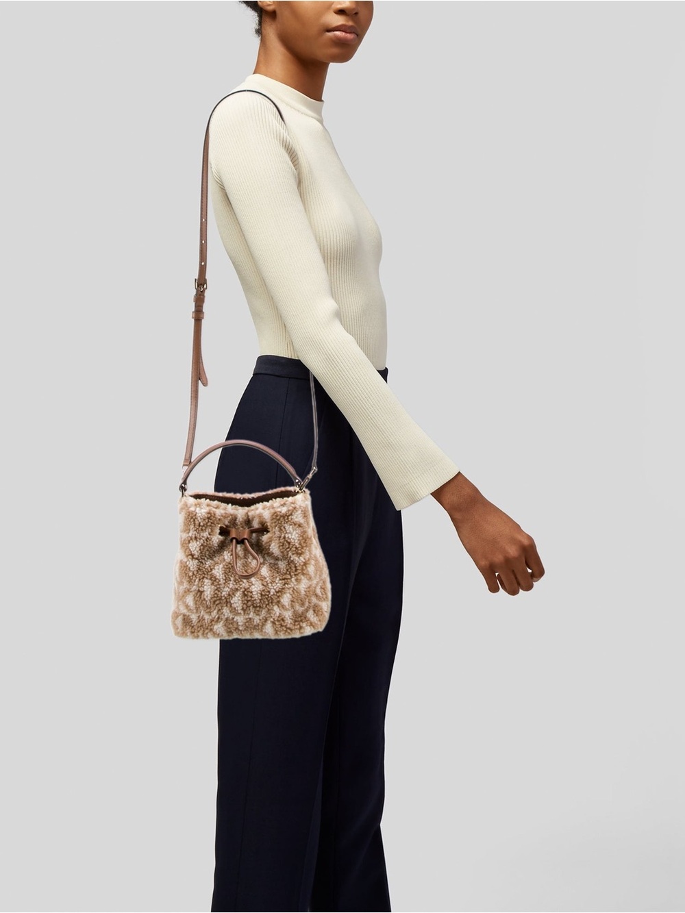 Michael Kors Shearling Top Handle Bucket Bag in Taupe and White